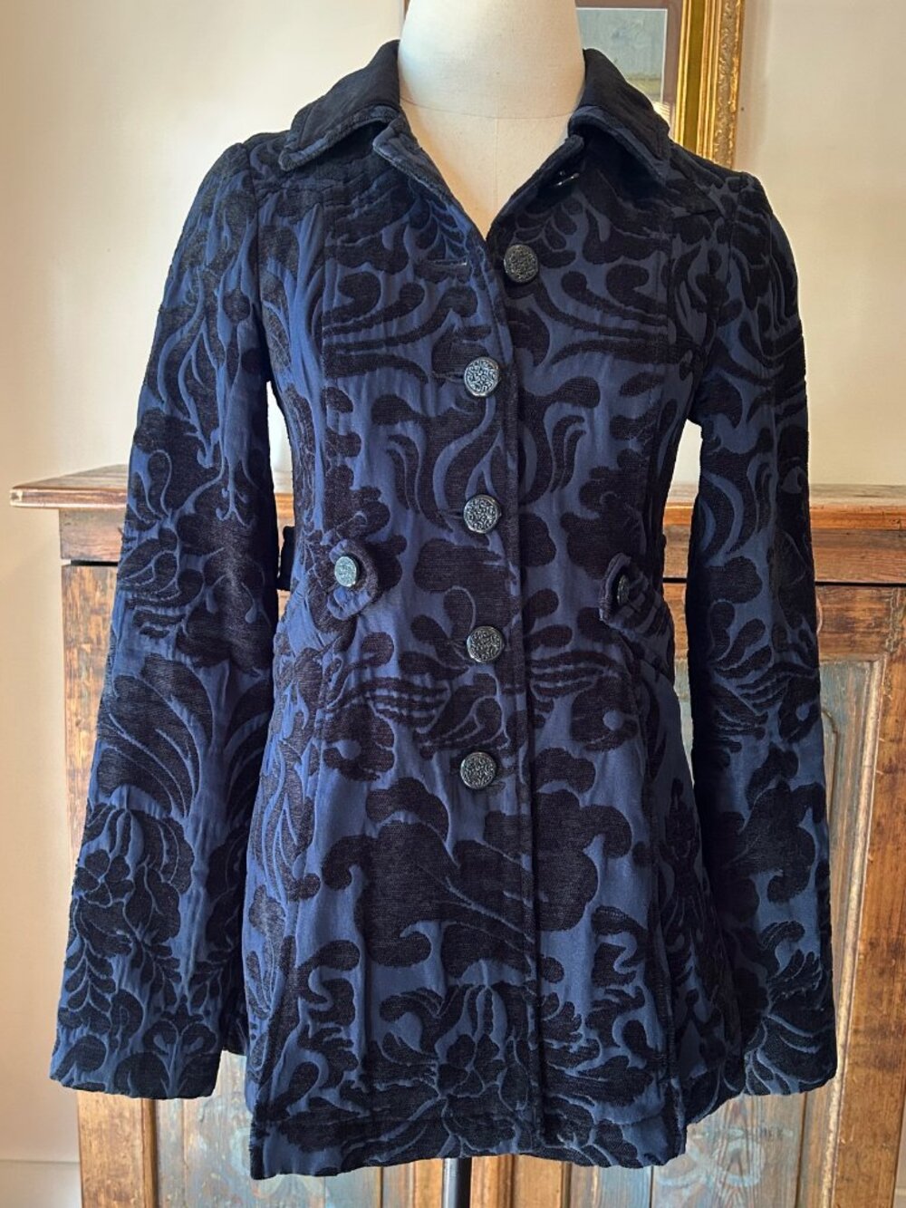 Vintage Y2K Betsey Johnson Jacquard Pleated Military Coat